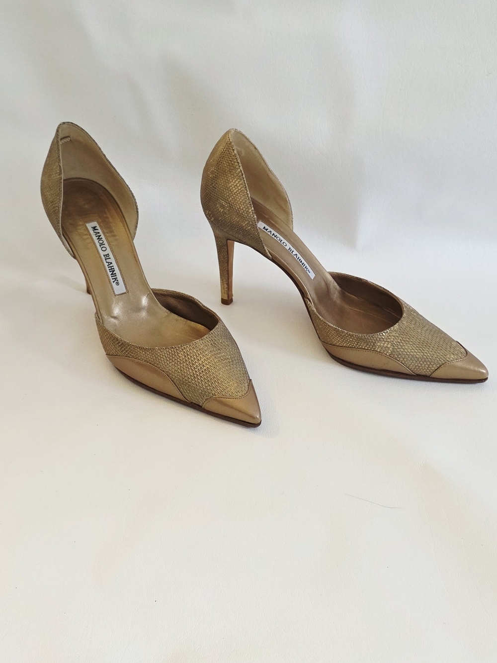 Manolo Blahnik Gold Pointed Toe D'Orsay Pumps
